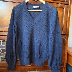 Mos Mosh Long Puffed Sleeves Blue Pointelle Sweater